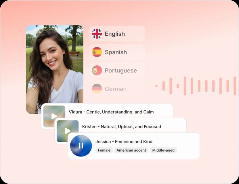 Waveform and language selection panel for Promer AI voices