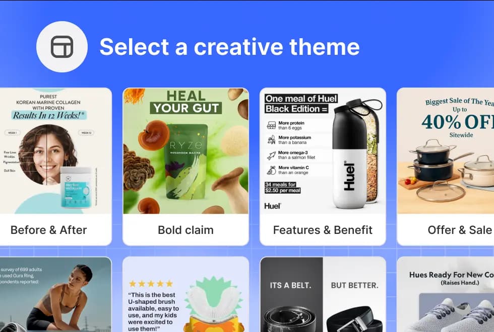 Theme selector grid on blue gradient for choosing creative angles