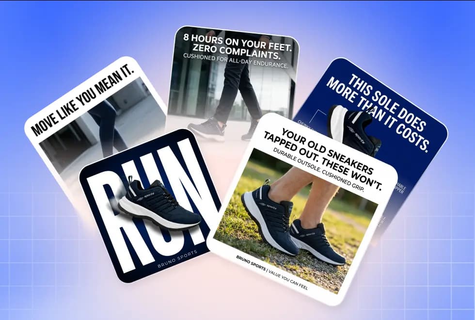 Sneaker ad creatives collage on blue gradient for testing more creatives