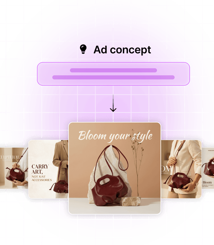 Ad Concept app interface showing product analysis with purple glow