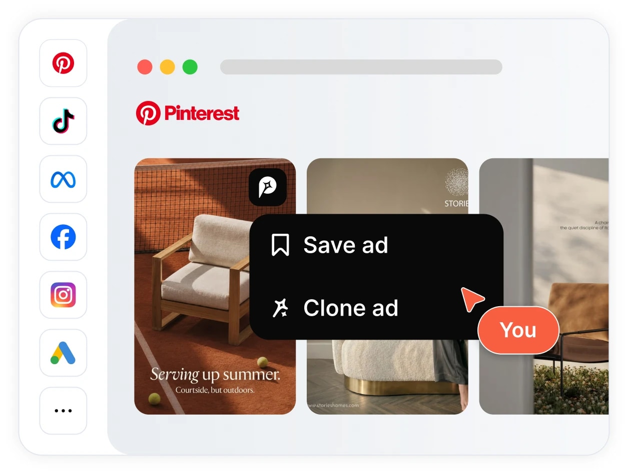 The Promer extension open on a Pinterest ad, offering Save ad and Clone ad