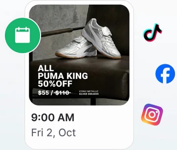 A post scheduled for 9:00 AM across TikTok, Facebook and Instagram
