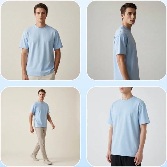 One t-shirt photographed in four different poses and settings