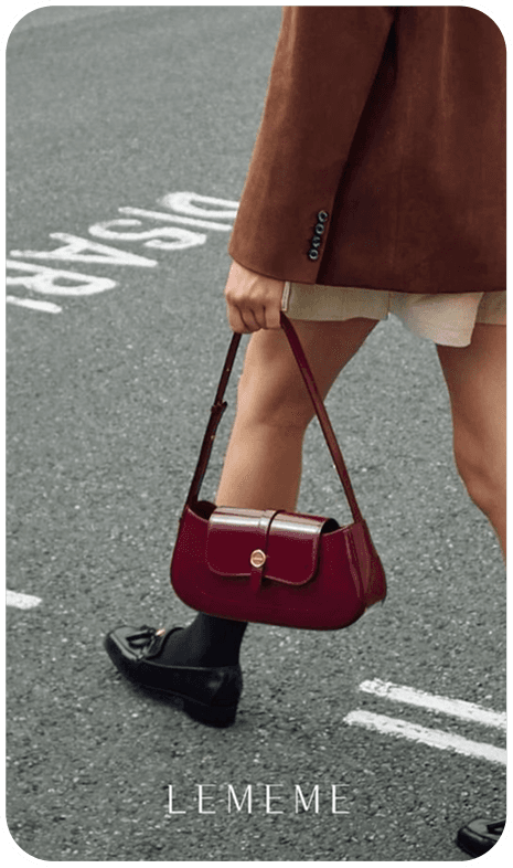 LEMEME street style ad featuring a red shoulder bag