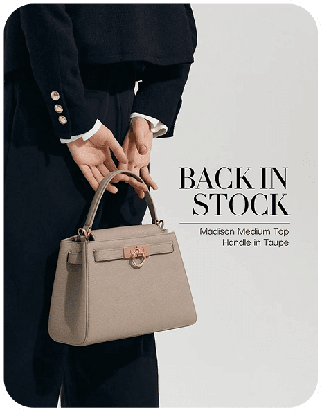 Back in stock ad for a taupe top-handle bag