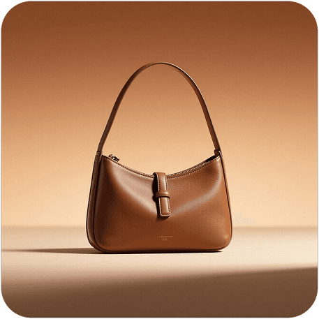 Tan leather shoulder bag on a gradient backdrop