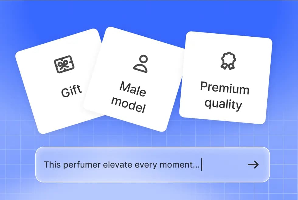 Gift, male model, premium quality floating idea cards on blue gradient