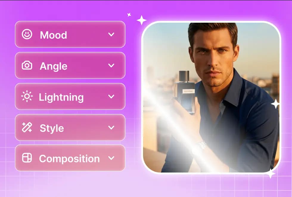 Mood, Angle, Lightning, Style, Composition controls beside a perfume ad on purple gradient