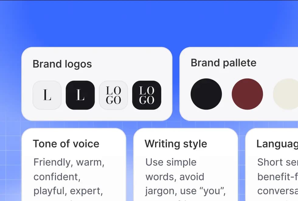 Brand logos, palette and tone of voice cards on blue gradient
