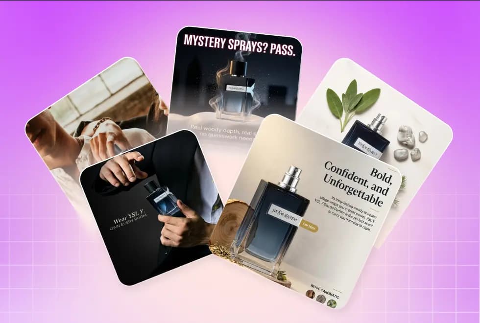 Fanned-out perfume ad creatives on purple gradient