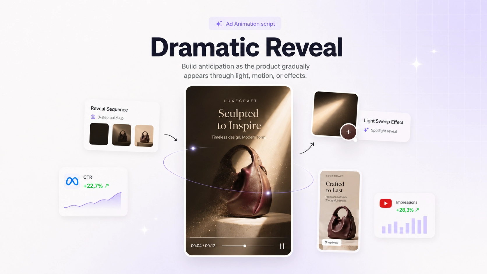 Dramatic Reveal animation building anticipation before showing the product