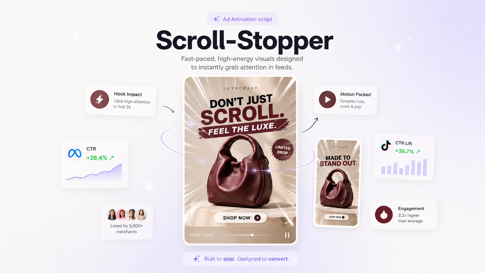 Scroll Stopper animation with high-energy motion for social feeds