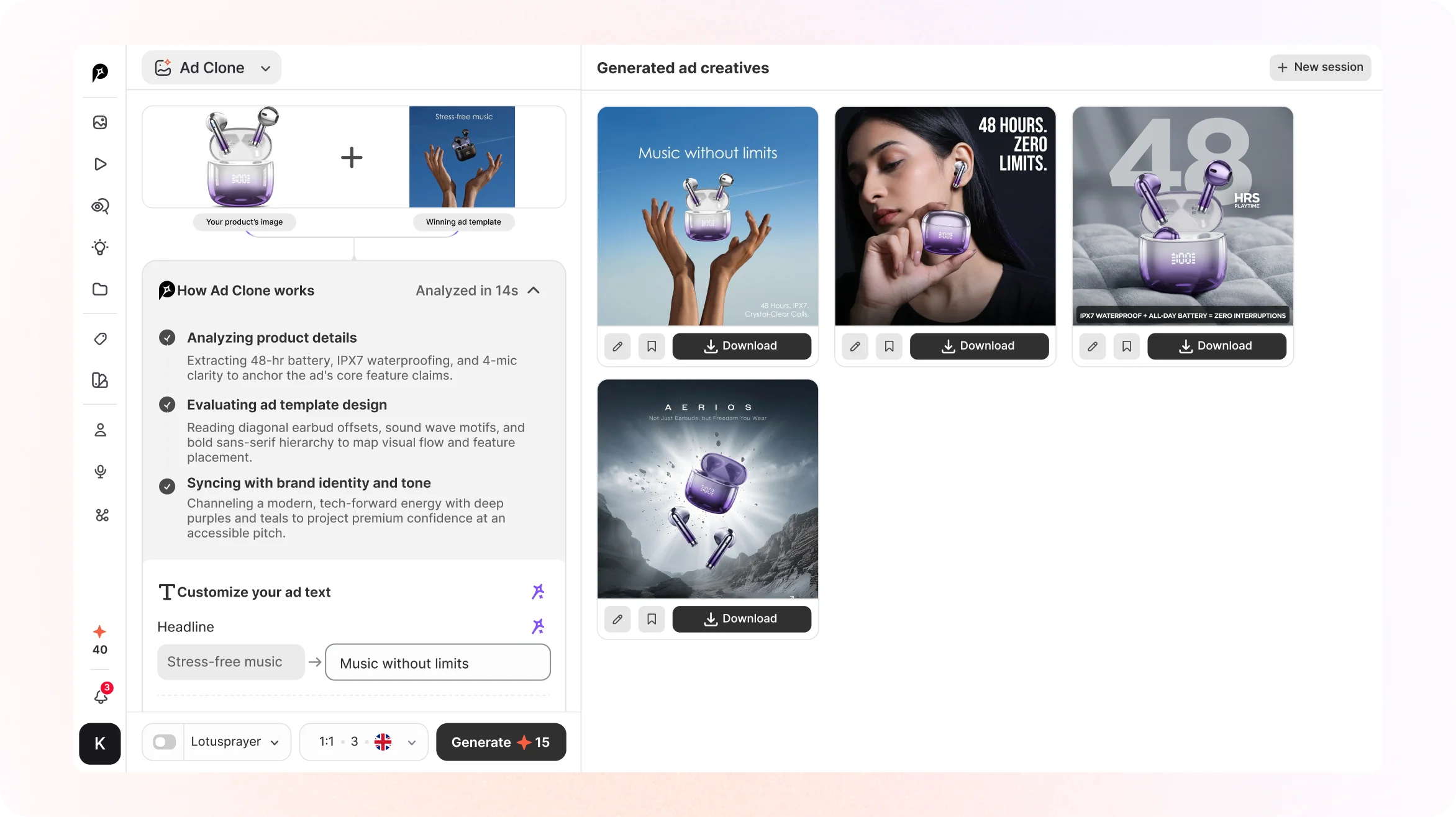 Ad Clone app showing how a winning ad becomes multiple new creatives