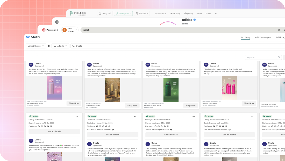 Ad Library showing winning ads actively running in a niche