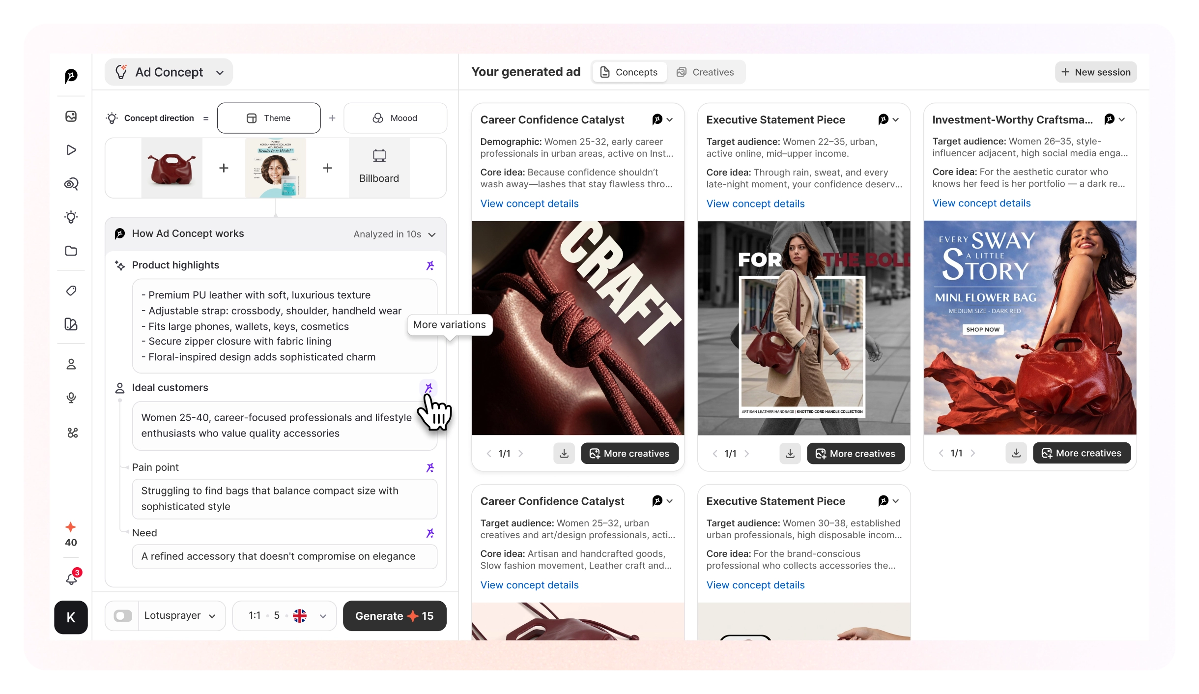Ad Concept app showing how one idea becomes multiple ad creatives