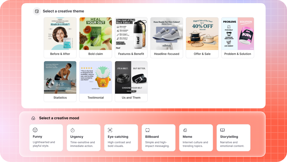 Theme selector UI showing different ad angle categories