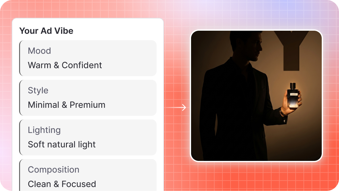 Ad vibe settings card showing mood, style, and lighting controls