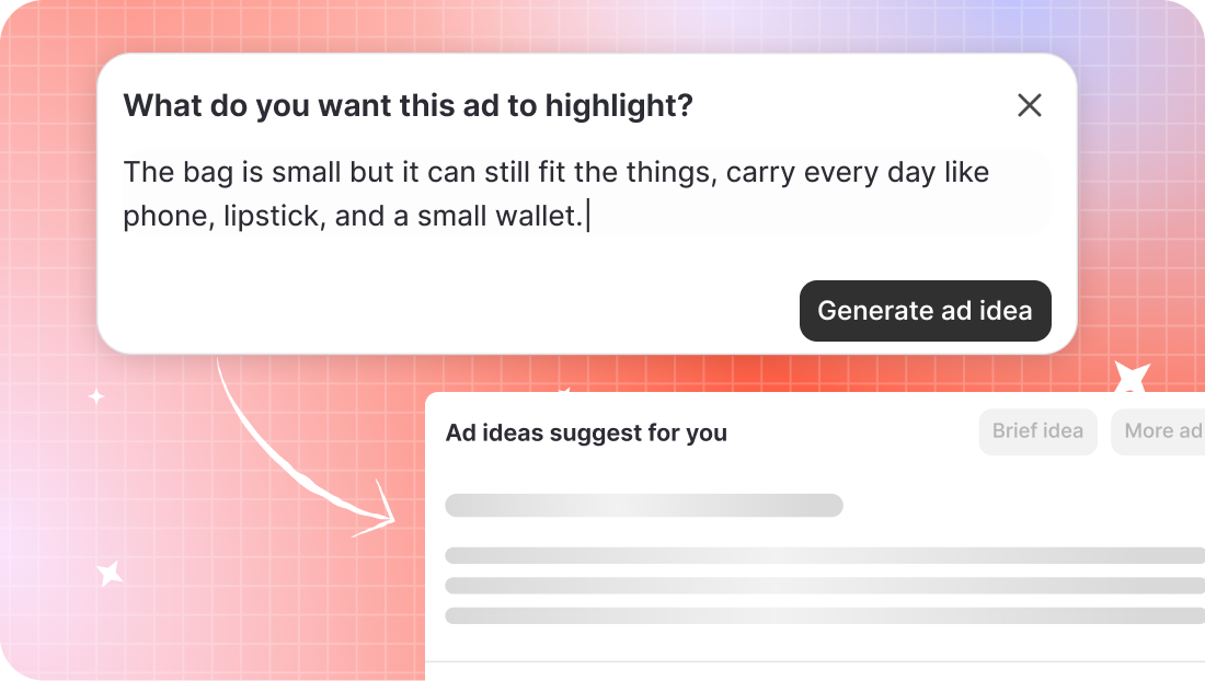 Ad idea expansion panel with five generated prompt suggestions