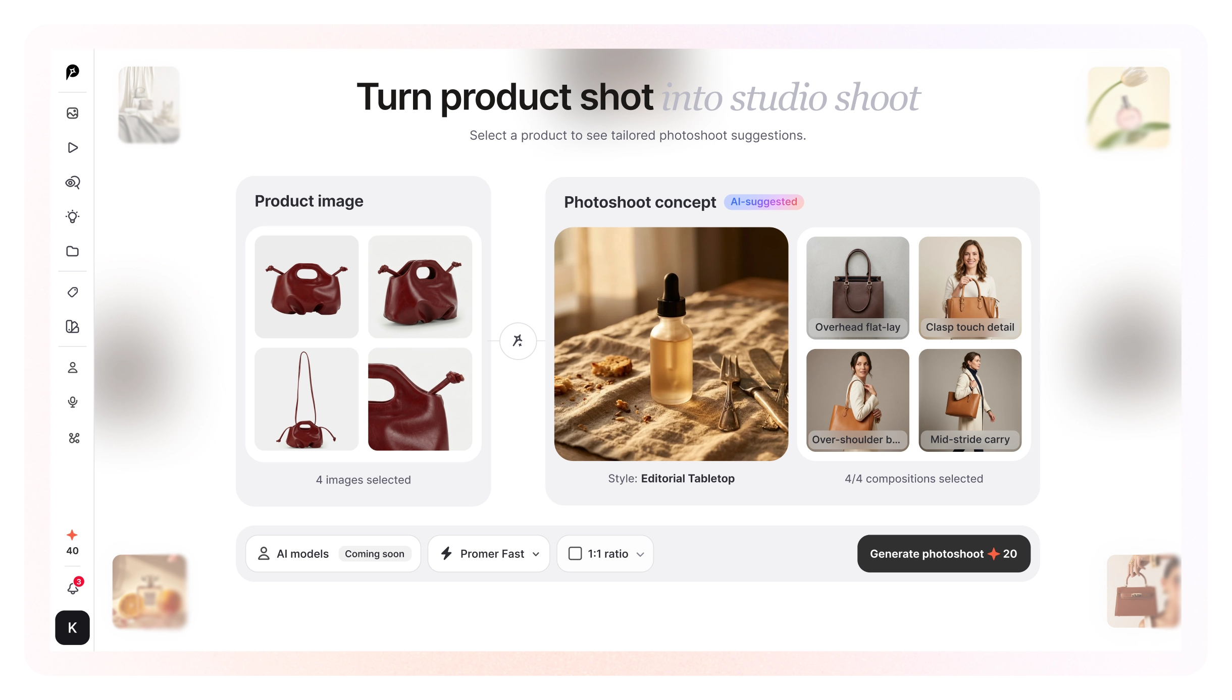 Photoshoot app showing product images being transformed into professional photoshoot concepts