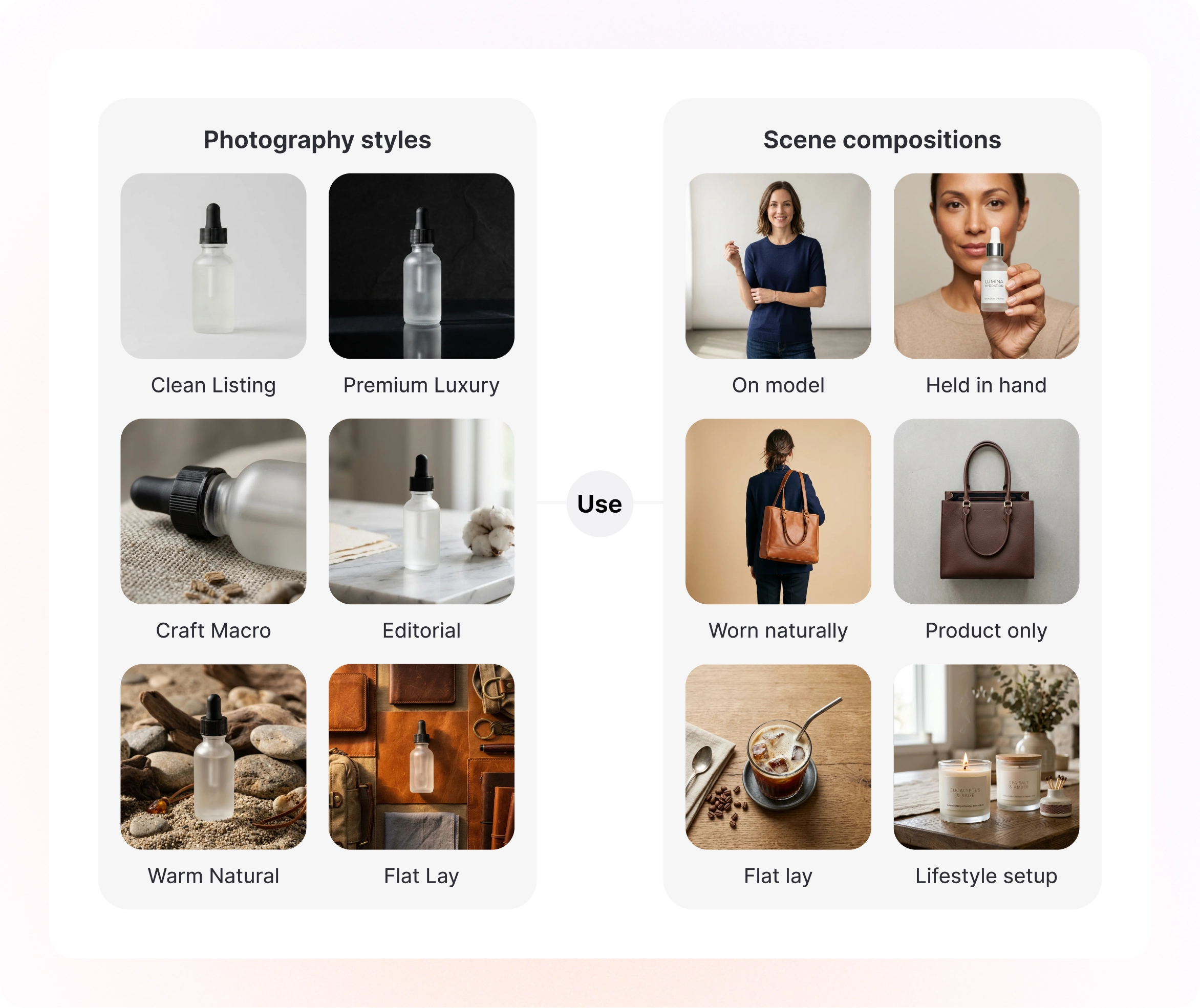 Scene styles and compositions picker showing photography styles like Clean Listing, Premium Luxury, Craft Macro and scene compositions like On model, Flat lay, Lifestyle setup
